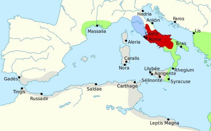 Карта која приказује западно медитеранско подручје у 279 Б.Ц.