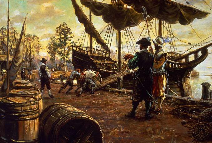 Насељеници смотају бачве дувана уз рампу и на брод у припреми за извоз, Јаместовн, Виргиниа, 1615.