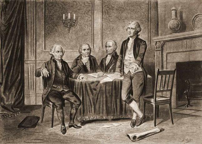 Илустрација четворице очева оснивача Сједињених Држава, слева, Јохн Адамс, Роберт Моррис, Алекандер Хамилтон и Тхомас Јефферсон, 1774.
