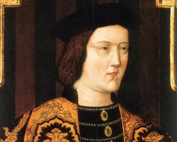 Портрет краља Едварда ИВ у наранџастој хаљини и црном шеширу.