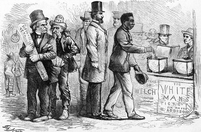 Март 1867, Харпер'с Веекли политичка карикатура америчког карикатуристе Томаса Наста, која приказује Афроамериканца човек који убацује свој гласачки листић у гласачку кутију током избора у Џорџтауну док Ендру Џексон и други гледају љутито.