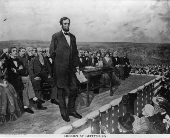 Абрахам Линколн, 16. председник Сједињених Америчких Држава, држи свој чувени говор у „Геттисбуршком обраћању“, 19. новембра 1863.