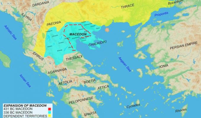 Мапа Македонског царства која приказује историју и раст.