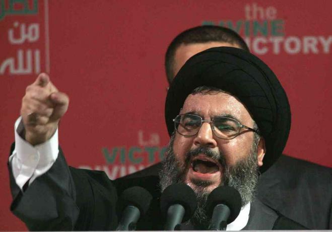 Вођа Хезболаха Саииед Хассан Насраллах говорио је на скупу 22. септембра 2006 у Бејруту, у Либанону.
