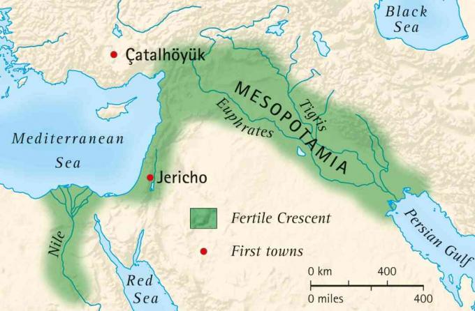 Мапа плодног полумесеца Месопотамије и Египта и локација првих градова