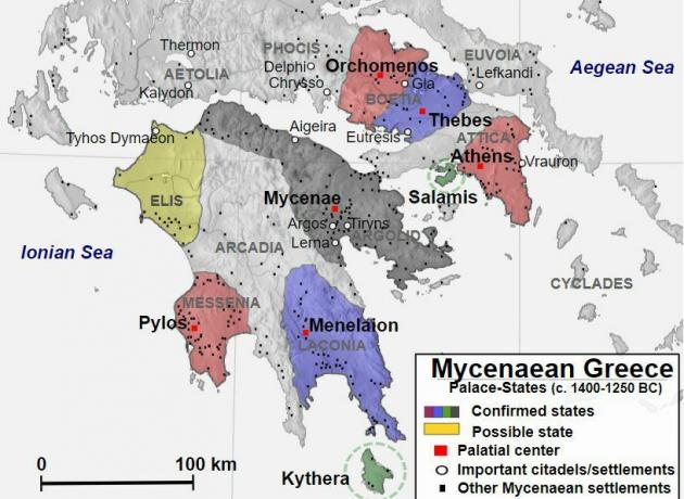 Карта која приказује микенску Грчку од 1400. до 1250. год.