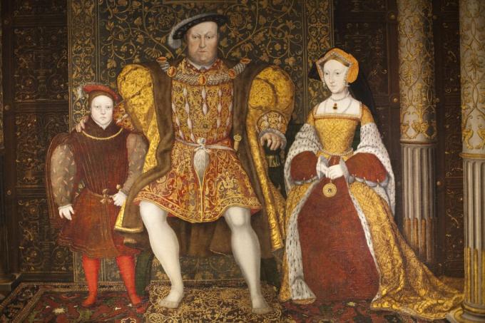 Краљ Хенри ВИИИ, Јане Сеимоур и принц Едвард сликали су се у Великој дворани у двору Хамптон Цоурт у Лондону
