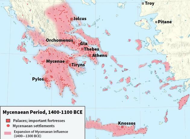 Мапа која приказује микенску цивилизацију 1400. до 1100. године пре нове ере.