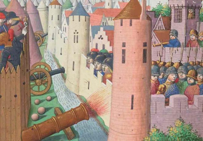 Средњовековни извлачење дрвене утврде преко градских зидина, при чему је рањен гроф Салисбури.