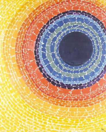 Концентрични круг Апстракција жутим спољним слојевима, наранџасте, љубичасте и плаве унутрашње кружнице