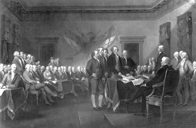 Први континентални конгрес одржава се у Царпентер'с Халл-у у Филаделфији како би се дефинисала америчка права и организовало план отпора принудним актима које је британски парламент наметнуо као казну за бостонски чај Журка.