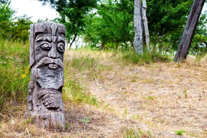 Дрвени идол славенског бога Перуна стазом у украјинску шуму.