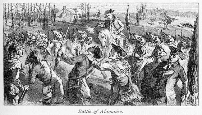 Снаге милиције гувернера Трајона пуцају на Регулаторе током битке код Аламанца, последње битке Регулационог рата.