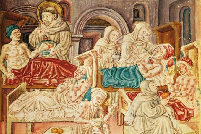 Фрањевци који се баве жртвама куге, минијатура Ла Францесцхина, око 1474. године, кодекс Јацопо Одди (15. век). Италија, 15. век.