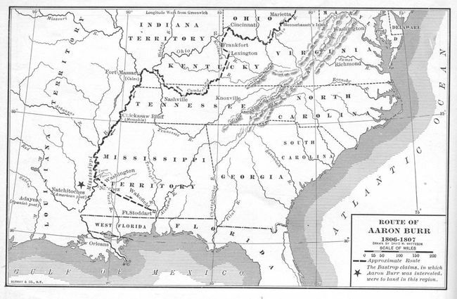 Мапа илуструје приближну руту бившег потпредседника САД Арона Бера током његовог путовања низ реку Мисисипи у ономе што је постало познато као Бурова завера 1806-1807.